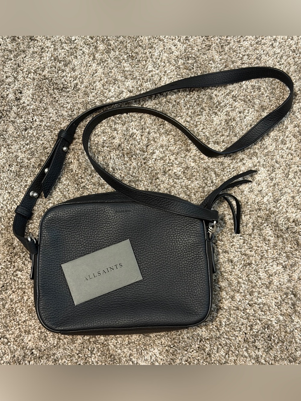 AllSaints Black Pebbled Leather Crossbody Bag with Adjustable Strap